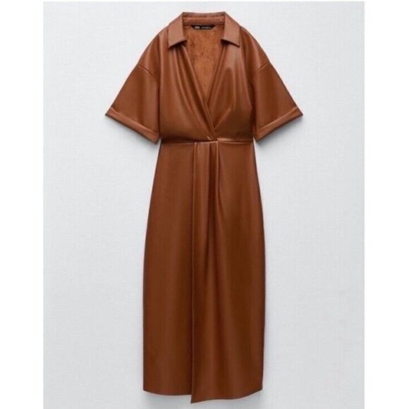 NWOT ZARA FAUX LEATHER SHIRT DRESS MIDI BROWN MEDIUM - Picture 5 of 13
